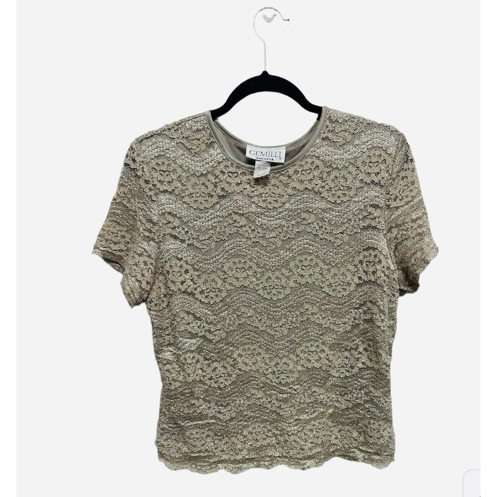 Gemilli Vintage Lace Lined T-Shirt Top Size Medium Made in USA Women's Cream